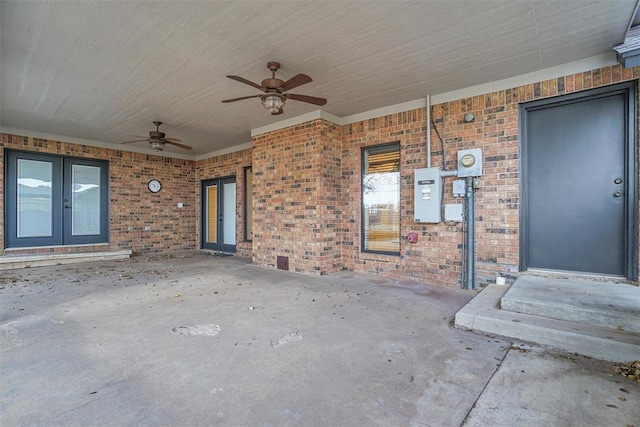 view of patio / terrace with ceiling fan and french doors