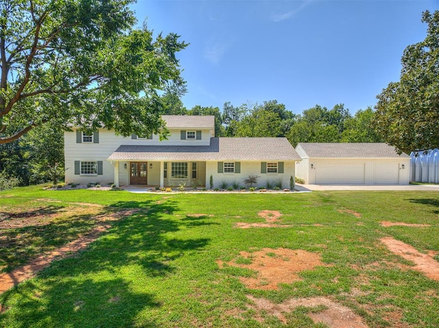 view of front of property featuring a porch, a garage, and a front lawn