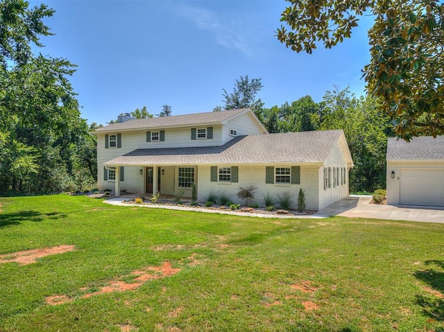 view of front of home featuring a front yard and a garage