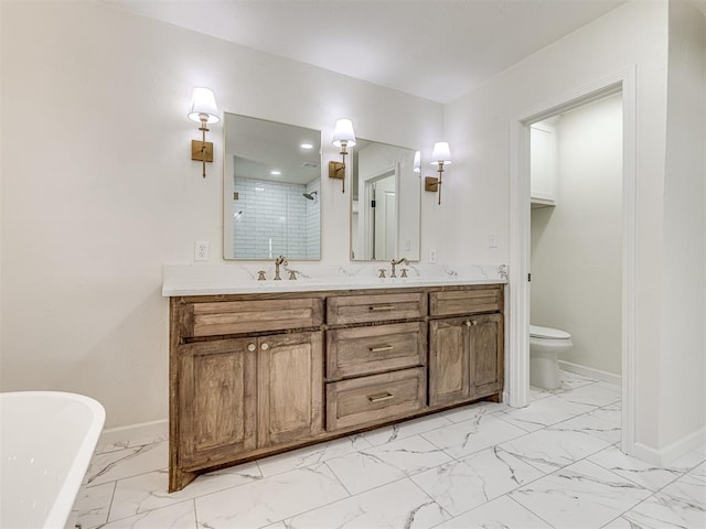 full bathroom featuring separate shower and tub, vanity, and toilet