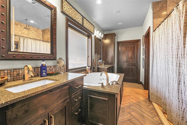 bathroom featuring vanity, parquet floors, and plus walk in shower