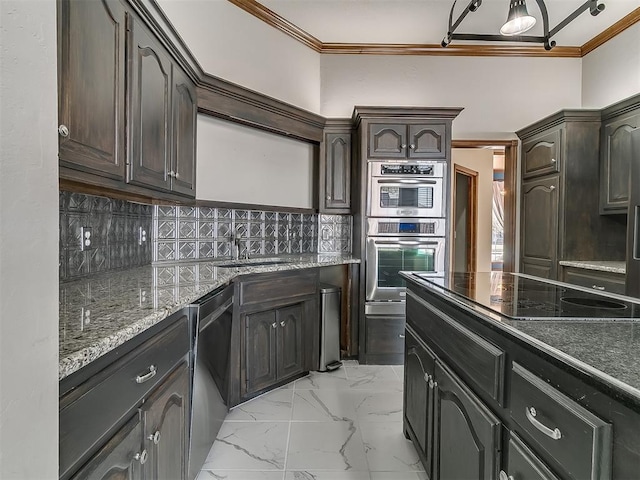 kitchen with tasteful backsplash, black electric stovetop, sink, dishwashing machine, and dark brown cabinets