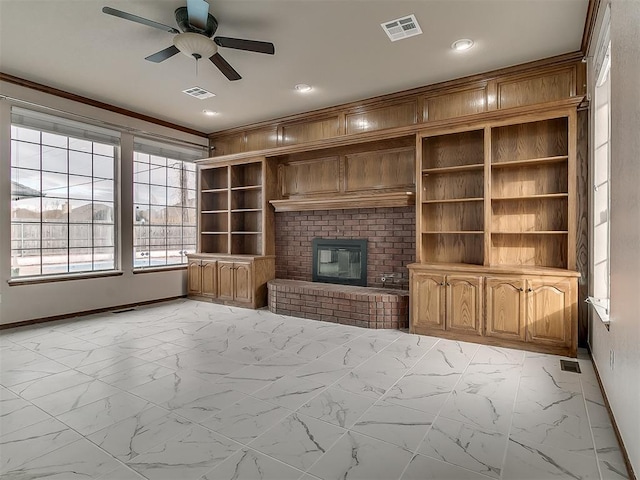 unfurnished living room with ceiling fan, built in features, and a fireplace