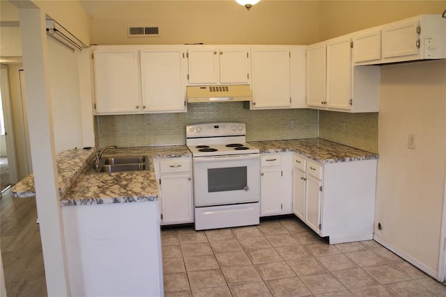 kitchen with white cabinetry, sink, light stone counters, backsplash, and electric stove