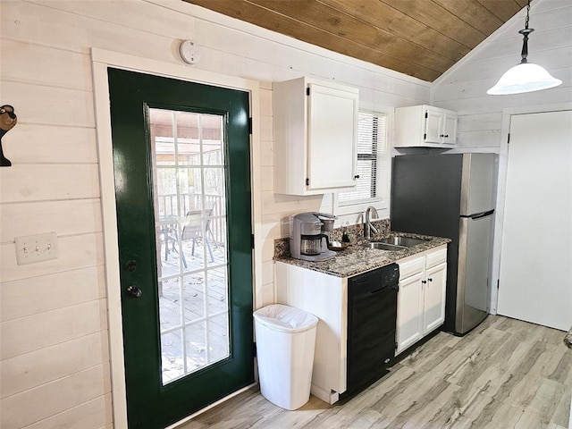 kitchen with dishwasher, wooden ceiling, lofted ceiling, hanging light fixtures, and white cabinetry