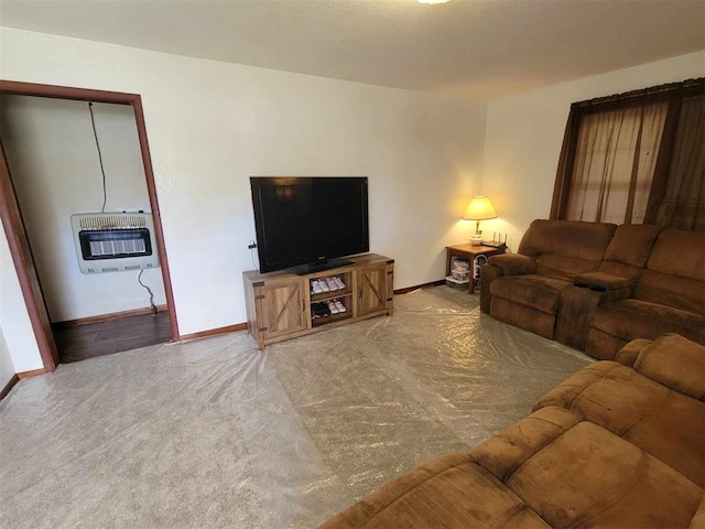 living room featuring carpet flooring and heating unit