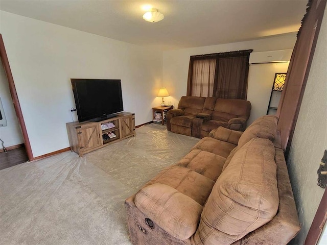 living room with a wall mounted AC and carpet floors