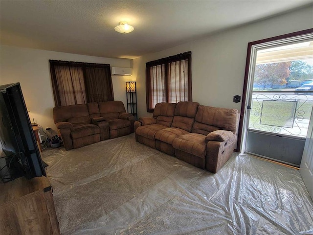 carpeted living room featuring a wall unit AC