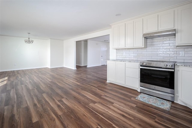 kitchen with backsplash, dark hardwood / wood-style floors, white cabinetry, and stainless steel electric stove