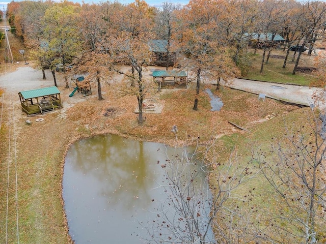 aerial view featuring a water view