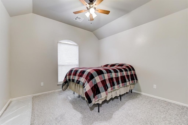 carpeted bedroom featuring ceiling fan and lofted ceiling