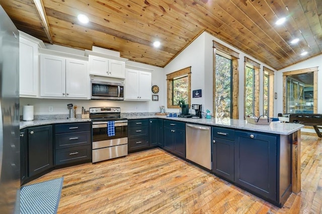 kitchen featuring kitchen peninsula, lofted ceiling, white cabinets, wood ceiling, and appliances with stainless steel finishes