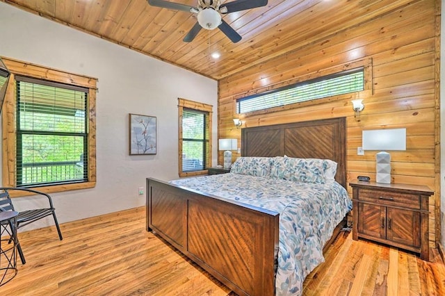 bedroom featuring ceiling fan, light hardwood / wood-style flooring, wooden ceiling, and wooden walls