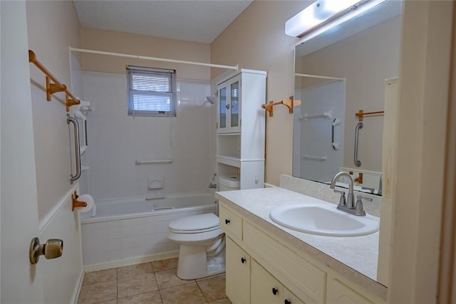 full bathroom with vanity, a textured ceiling, tiled shower / bath combo, tile patterned flooring, and toilet