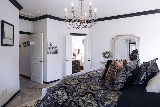 bedroom featuring baseboards, crown molding, carpet, and a chandelier