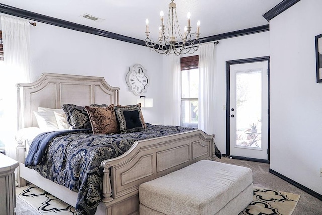 bedroom featuring visible vents, crown molding, baseboards, a notable chandelier, and light colored carpet