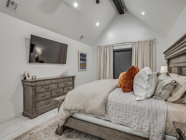 bedroom with beamed ceiling and high vaulted ceiling