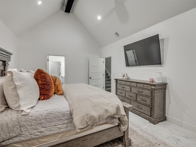 bedroom featuring beamed ceiling, ceiling fan, and high vaulted ceiling