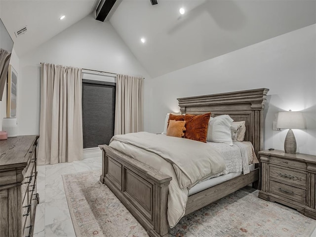 bedroom featuring beam ceiling and high vaulted ceiling