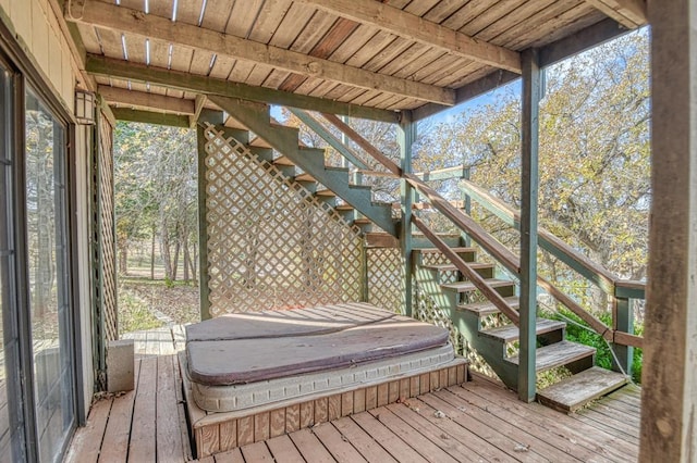 21351 E Tenth St, Hinton, OK 73047 - wooden terrace featuring stairway and a covered hot tub