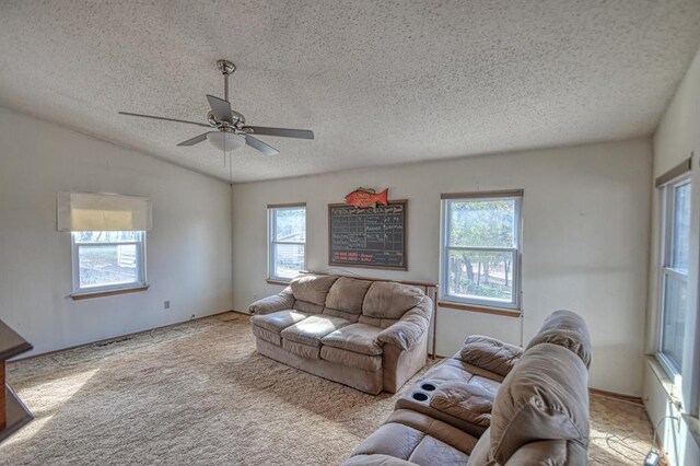 21351 E Tenth St, Hinton, OK 73047 - living room featuring healthy amount of natural light, a textured ceiling, a ceiling fan, carpet flooring, and lofted ceiling