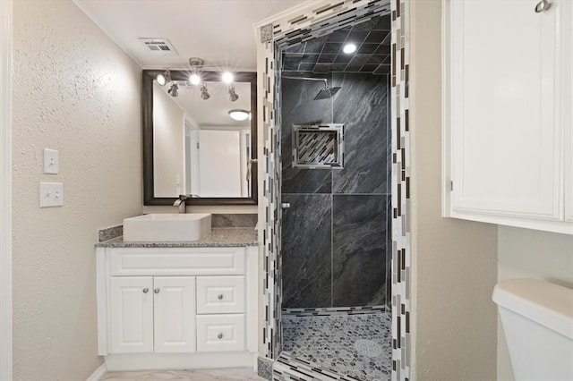 bathroom featuring vanity, toilet, and tiled shower