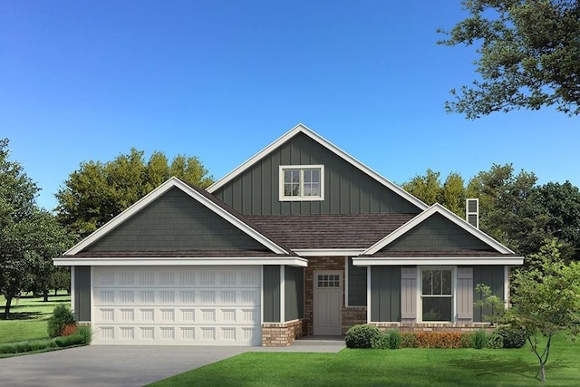 craftsman inspired home featuring a front lawn and a garage