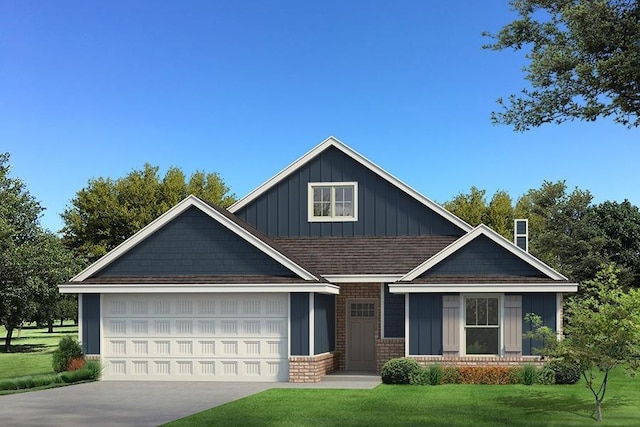 view of front of property with concrete driveway, a front lawn, a garage, board and batten siding, and brick siding