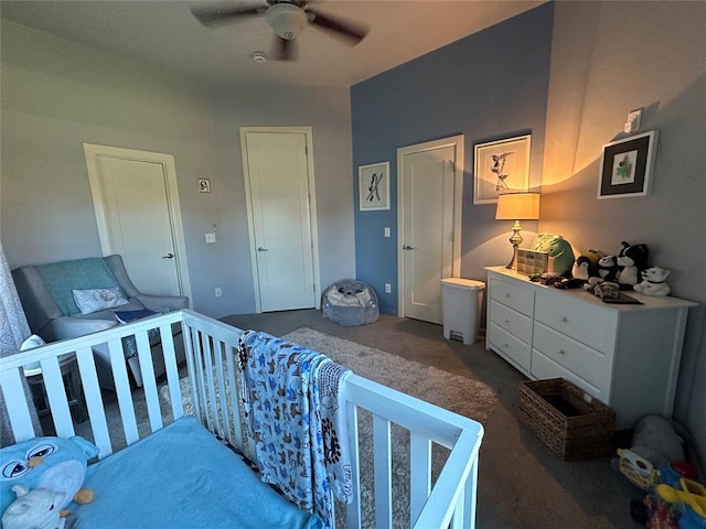 carpeted bedroom with ceiling fan