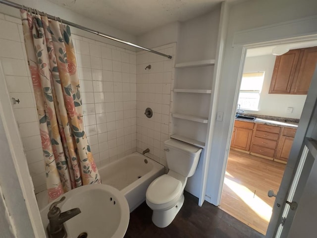 full bathroom with sink, shower / bathtub combination with curtain, wood-type flooring, and toilet