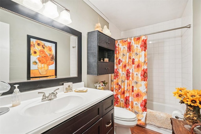 full bathroom with hardwood / wood-style floors, vanity, shower / bath combo, and toilet