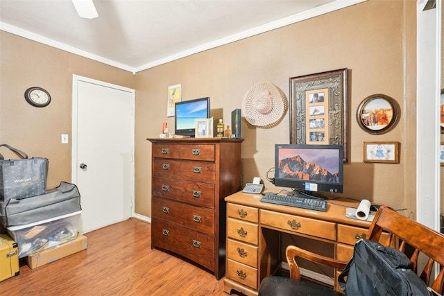 home office featuring crown molding and light hardwood / wood-style floors