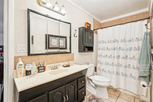 bathroom with tasteful backsplash, tile patterned flooring, toilet, vanity, and ornamental molding