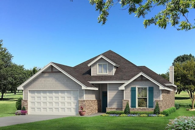 craftsman-style house featuring a front yard, concrete driveway, brick siding, and an attached garage