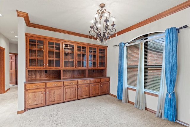 unfurnished office featuring light colored carpet, crown molding, and an inviting chandelier