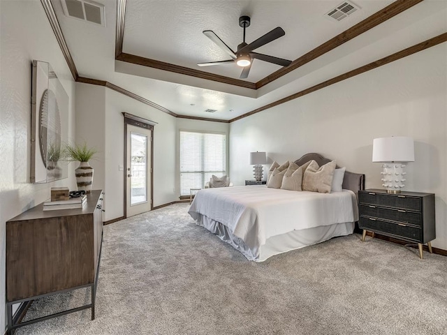 bedroom featuring access to exterior, ceiling fan, crown molding, and light carpet