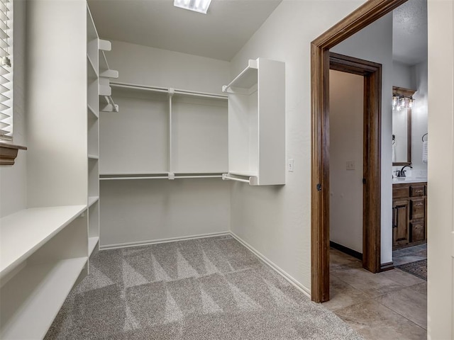 walk in closet featuring light carpet and sink