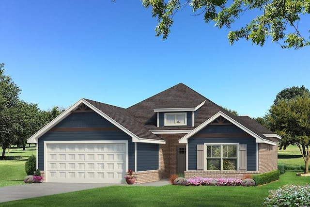 view of front of house featuring a garage, a front yard, brick siding, and driveway