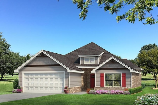 craftsman house featuring concrete driveway, brick siding, an attached garage, and a front lawn