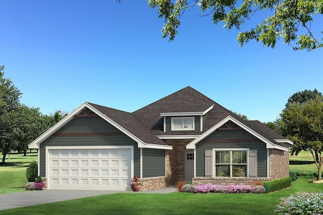 craftsman-style home featuring an attached garage, a front lawn, concrete driveway, and brick siding