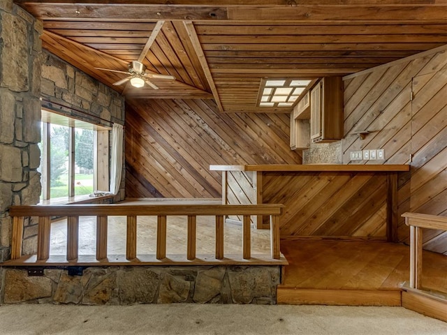 1501 S Avery Ave, Midwest City, OK 73130 - stairs featuring wooden ceiling, wood walls, and ceiling fan