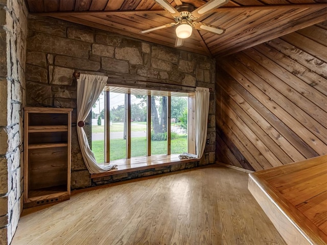1501 S Avery Ave, Midwest City, OK 73130 - unfurnished room with wooden ceiling, hardwood / wood-style floors, ceiling fan, and vaulted ceiling