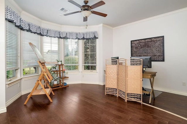 office area featuring dark hardwood / wood-style floors, ceiling fan, and crown molding