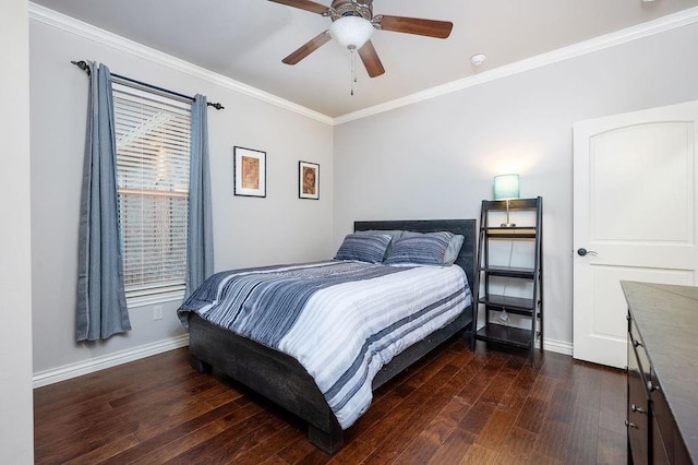 bedroom with multiple windows, ceiling fan, dark hardwood / wood-style floors, and ornamental molding