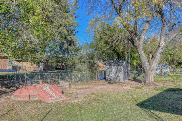 view of yard featuring a storage shed and a trampoline