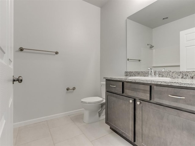 bathroom with tile patterned floors, vanity, toilet, and a shower