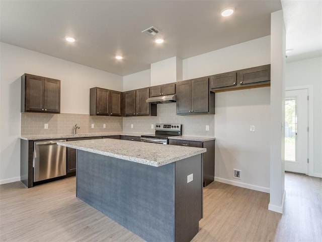 kitchen with decorative backsplash, dark brown cabinetry, stainless steel appliances, a center island, and light hardwood / wood-style floors