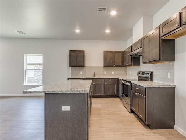 kitchen featuring light wood-type flooring, tasteful backsplash, a kitchen island, and electric stove