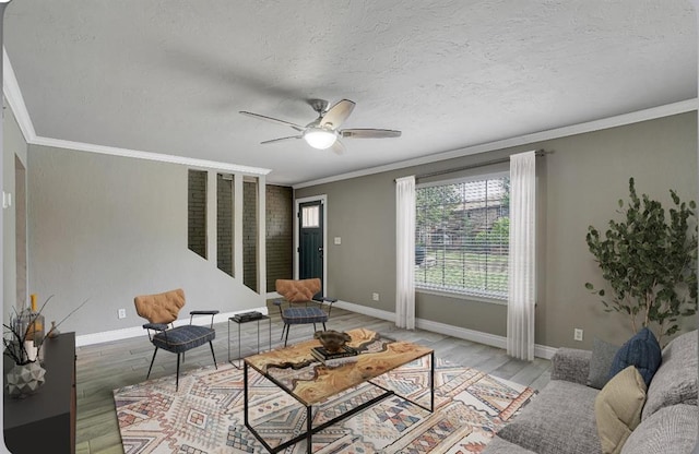 living room with crown molding, hardwood / wood-style floors, ceiling fan, and a textured ceiling