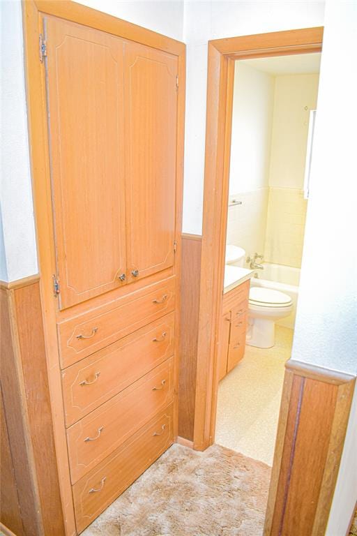 full bathroom with vanity, toilet, and tub / shower combination